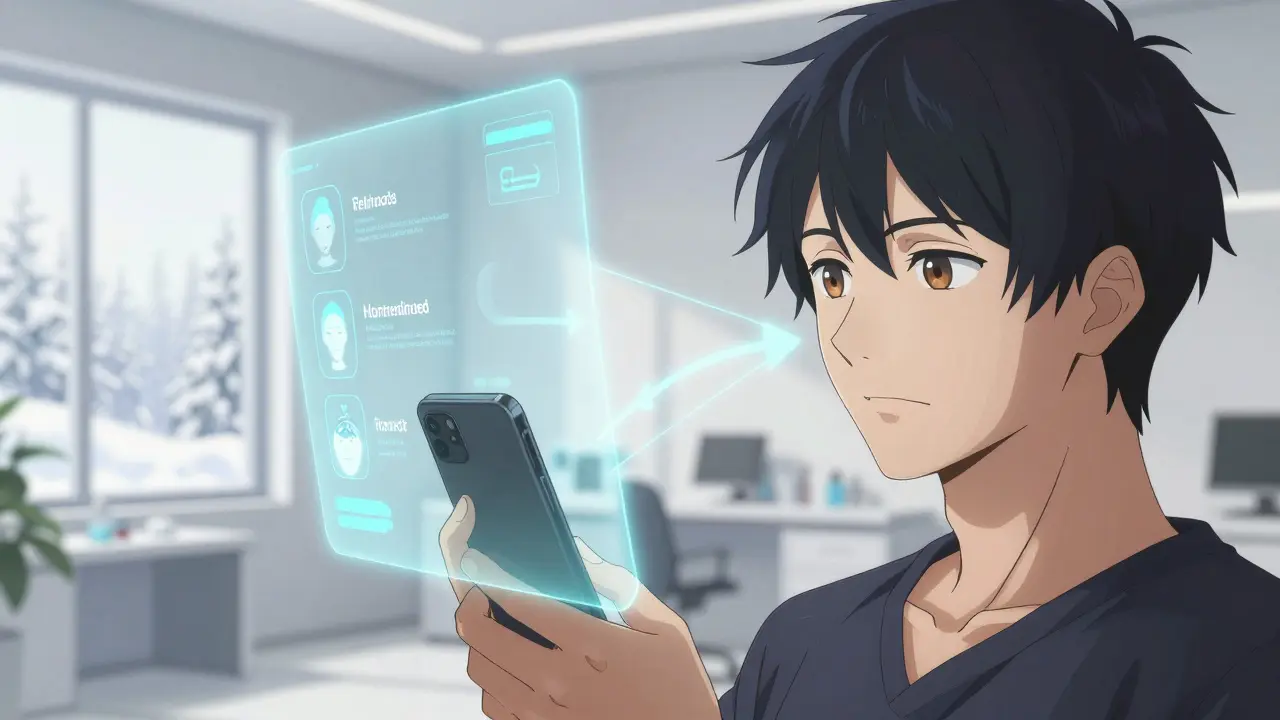 Potilas skannaa kasvonsa puhelimella, ja holografinen tekoäly näyttää henkilökohtaisen hoitosuunnitelman.