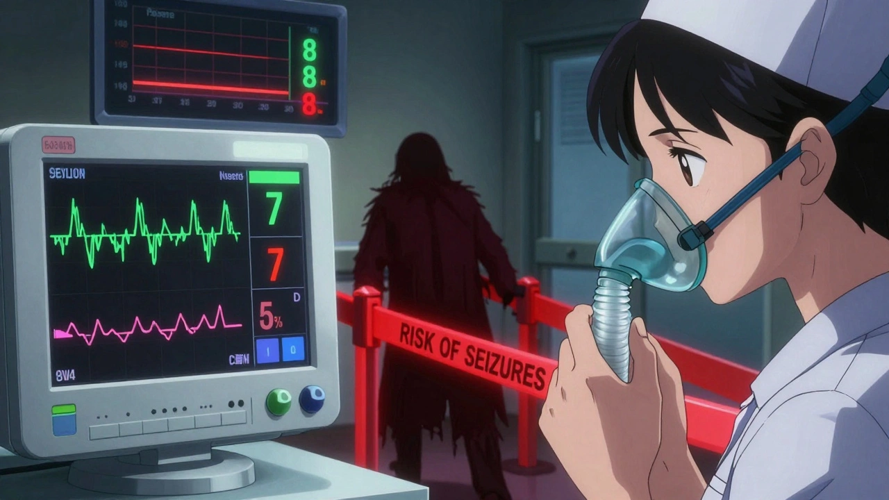 Sairaalalaitteen näytöllä hidastunut hengitys ja flumazenilin vaarallisuus symbolisoituna.