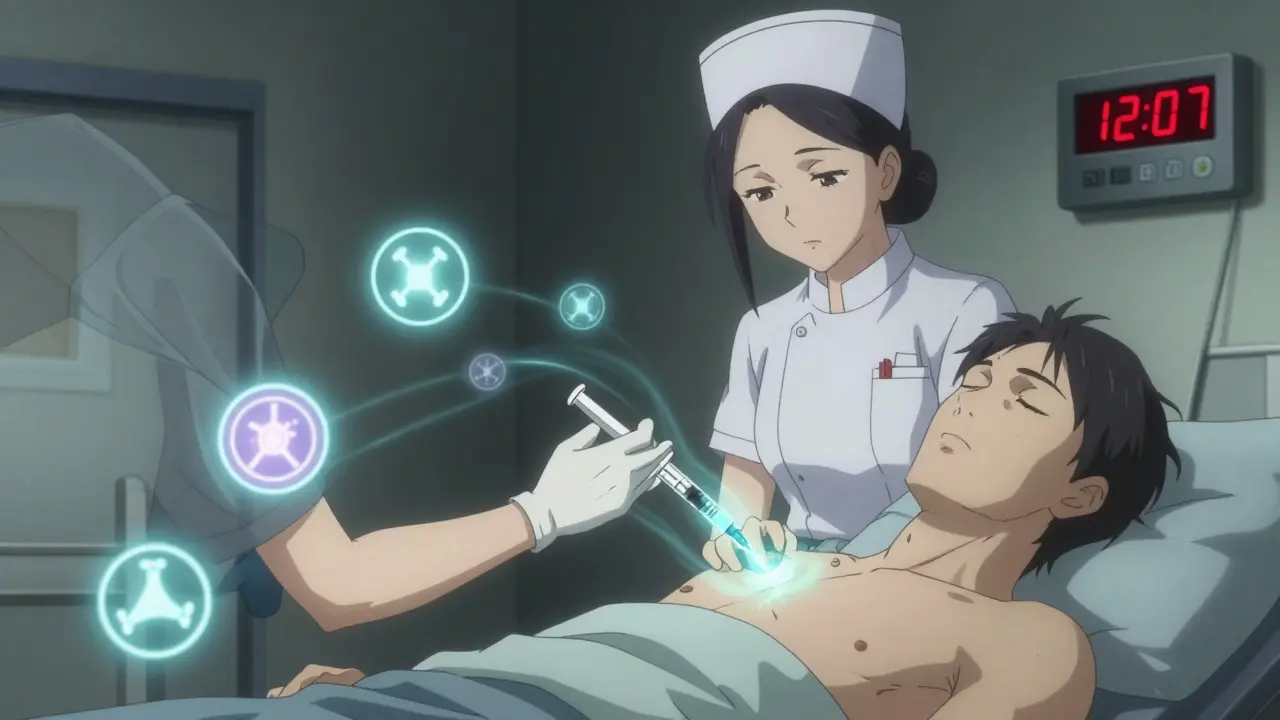 Sairaanhoitaja antaa oktreotiidi-injektion potilaalle, jossa näkyy energiavirrat ja aikakello.