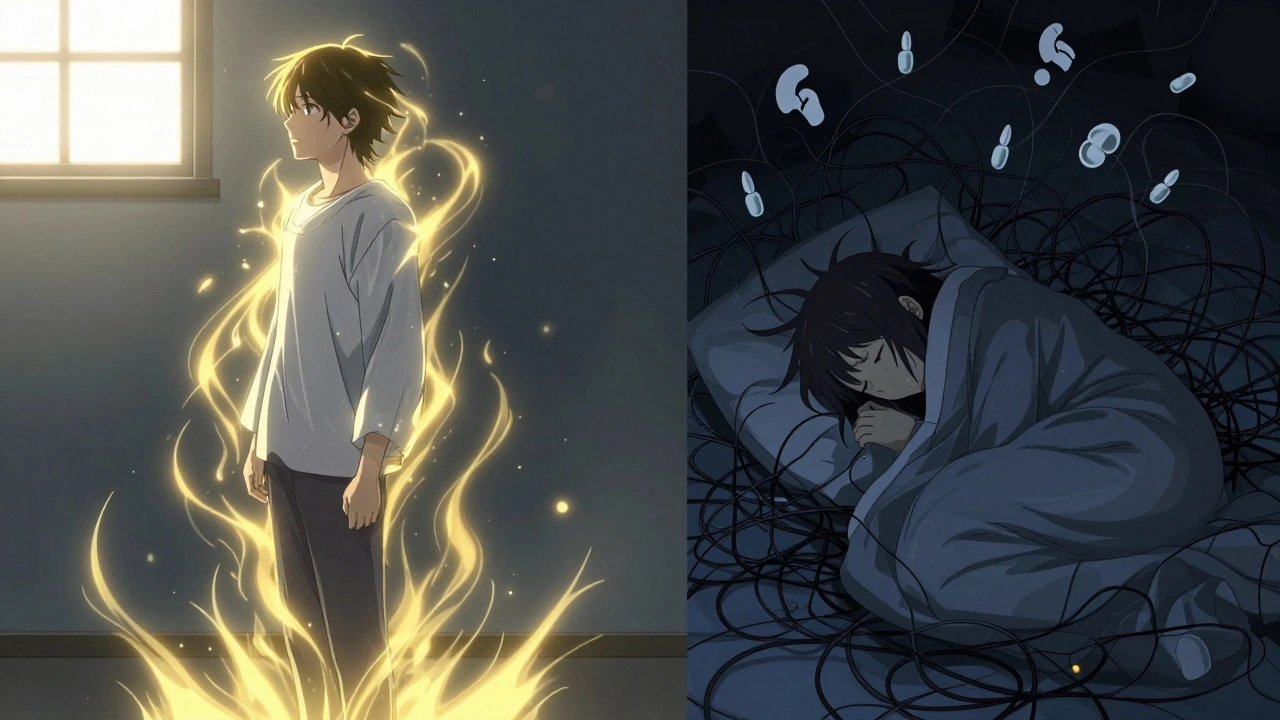 Saman henkilön kaksi näkymää: aamulla energisena ja illalla ahdistettuna.