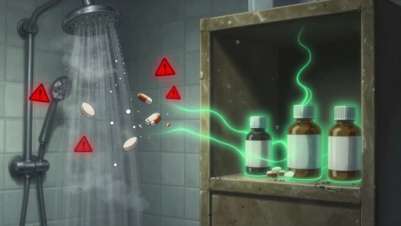 Split scene: crumbling aspirin in steamy bathroom vs. intact pills in safe storage cabinet.