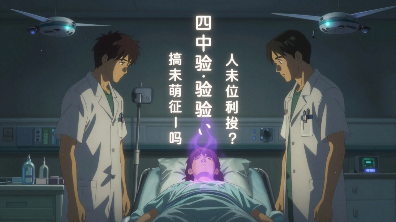 Two healthcare workers verifying treatment details beside a patient, with glowing medical data and CRS aura.