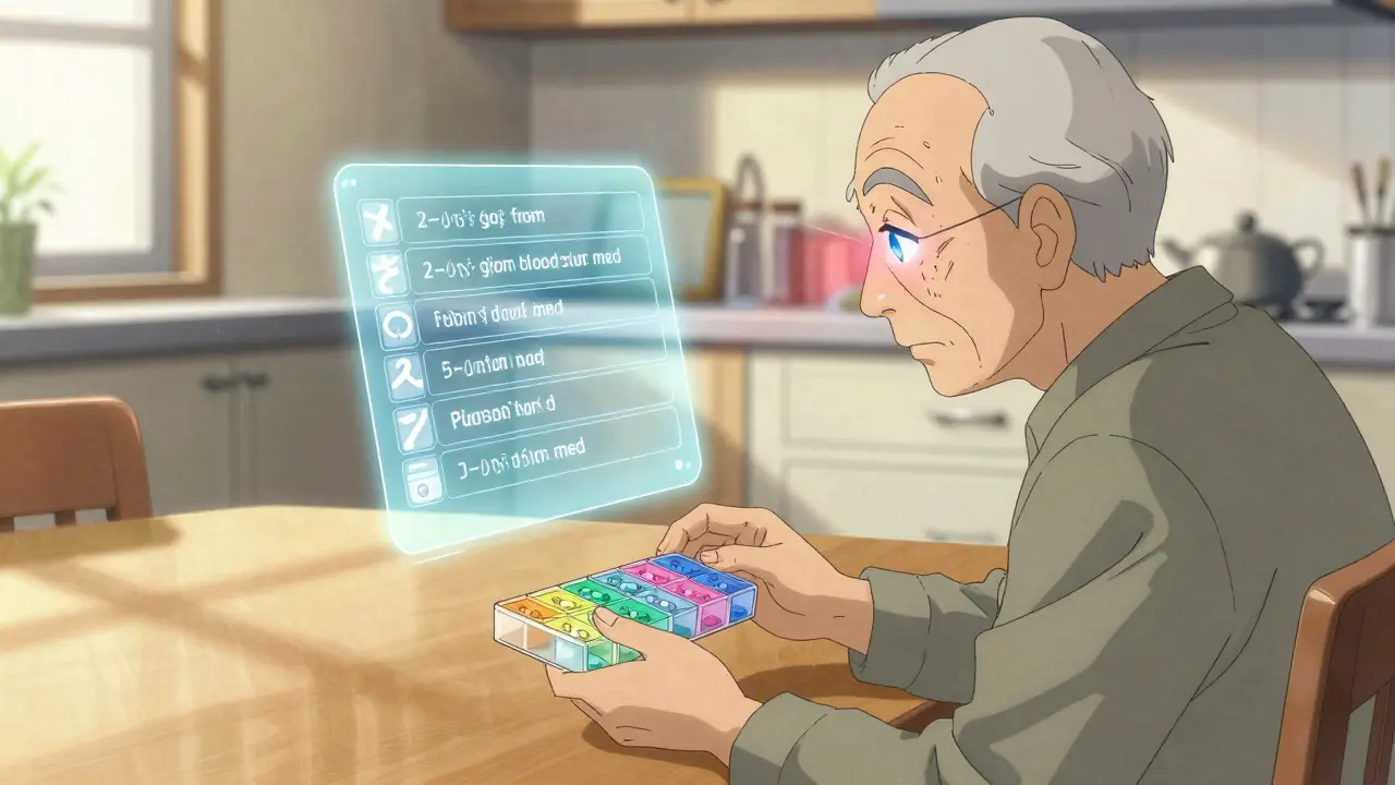 Vanha henkilö näkee holografisen lääkeohjeen yli pillipakkausjärjestelmän, AI-silmä tarkistaa.