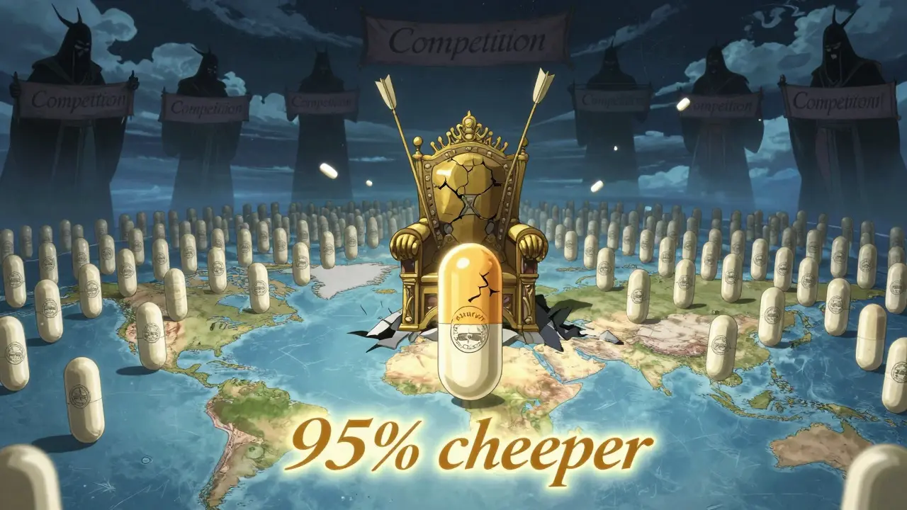 Battlefield of generic pills overwhelming a lone branded pill, with price arrows and competing companies.