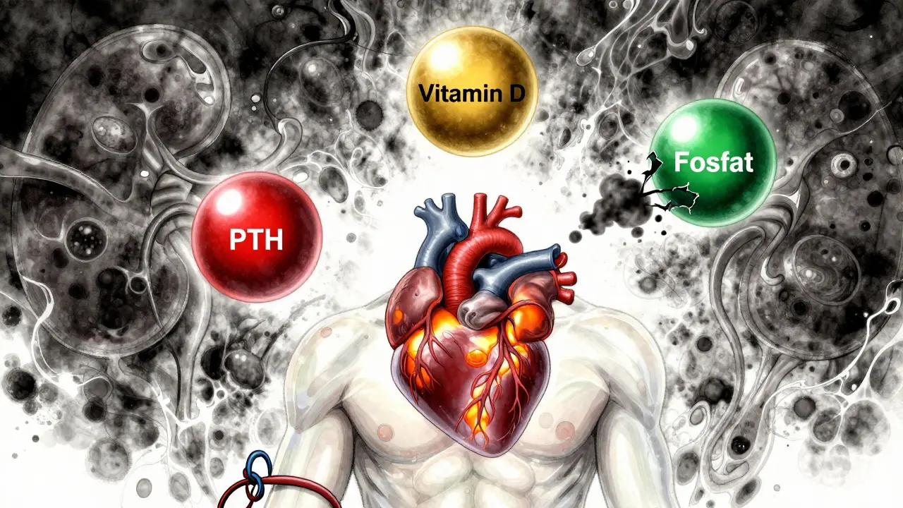 Dialyysin saaneen ihmisen keho, jossa sydän on kalkkautunut, ympärillä kolme valoa edustamassa hormoneja ja vitamiinia.