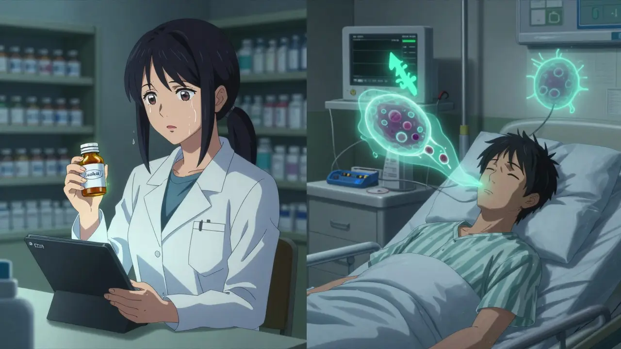 Farmaseuttinen työntekijä tarkastelee vaarallista lääkettä, joka aiheuttaa syöpää.