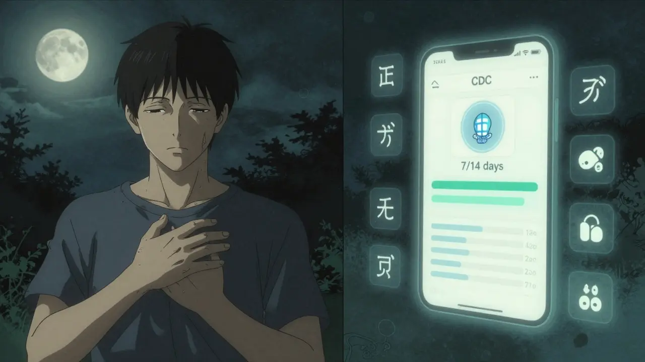 Henkilö tarkkailee kehoaan yöllä, samalla kun hänellä on näkyvissä digitaalinen terveyssovellus.