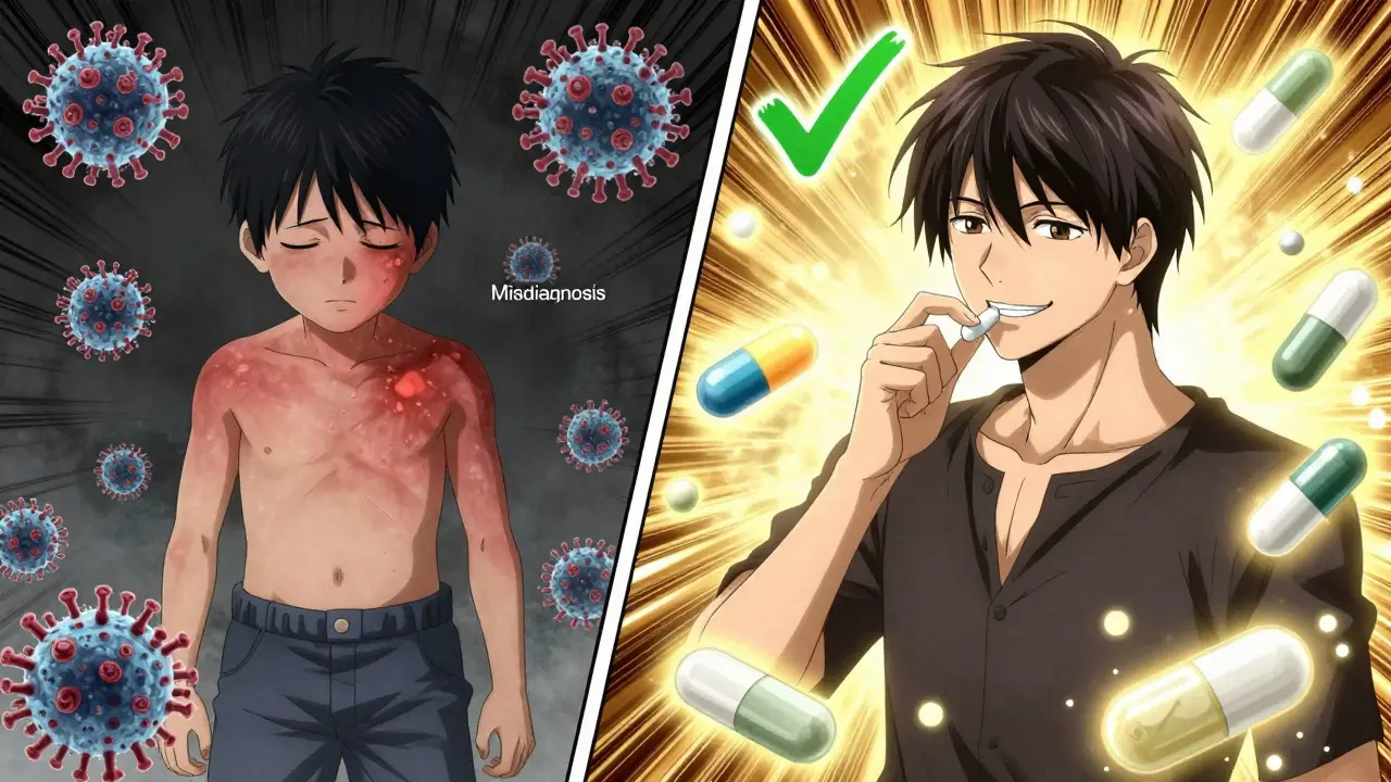 Kaksi kuvaa: vasemmalla lapsuuden ihoreaktio, oikealla turvallinen antibioottihoidon aloitus.