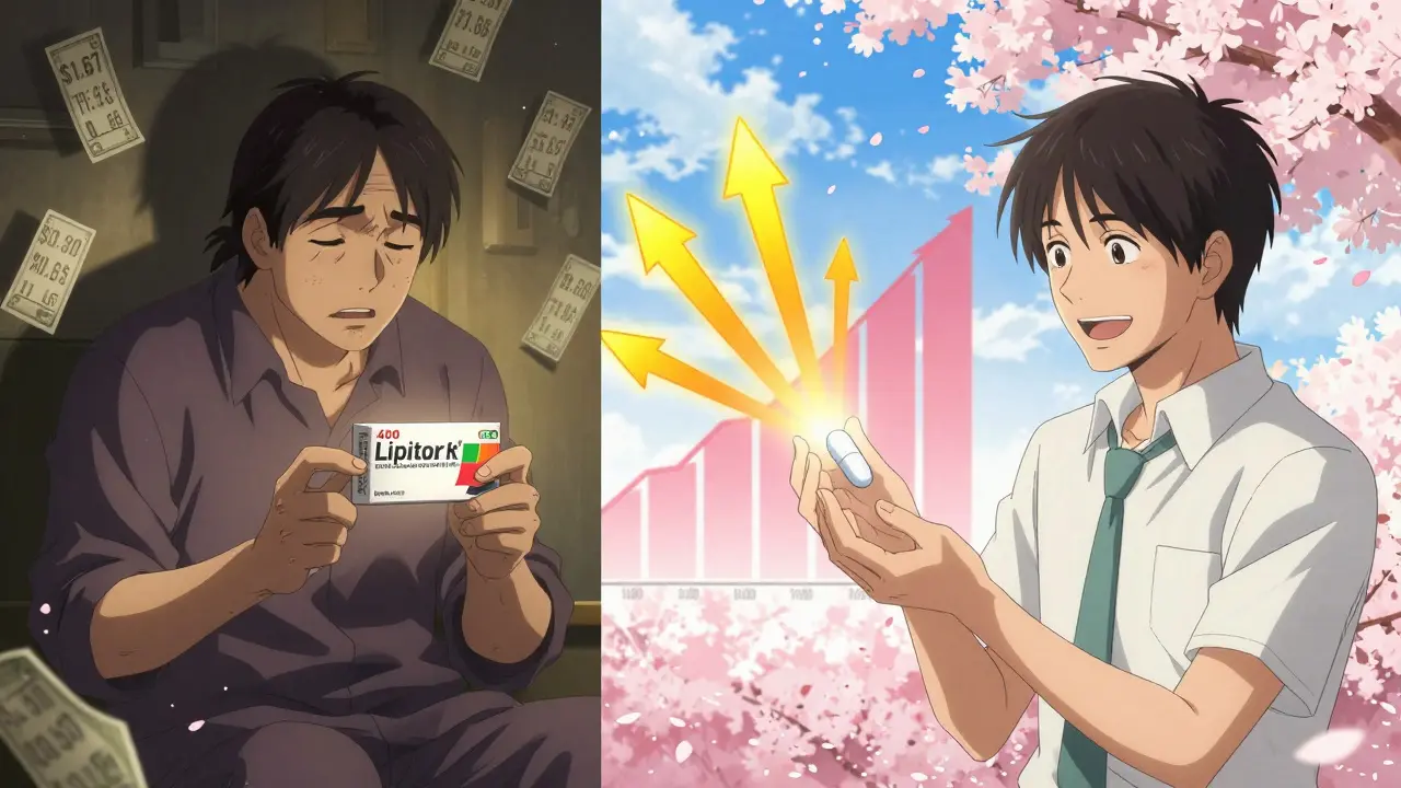 Kaksi potilasta: toinen huolestunut brändilääkkeestä, toinen iloinen yleisestä lääkkeestä, ympäröity rahamäärillä.