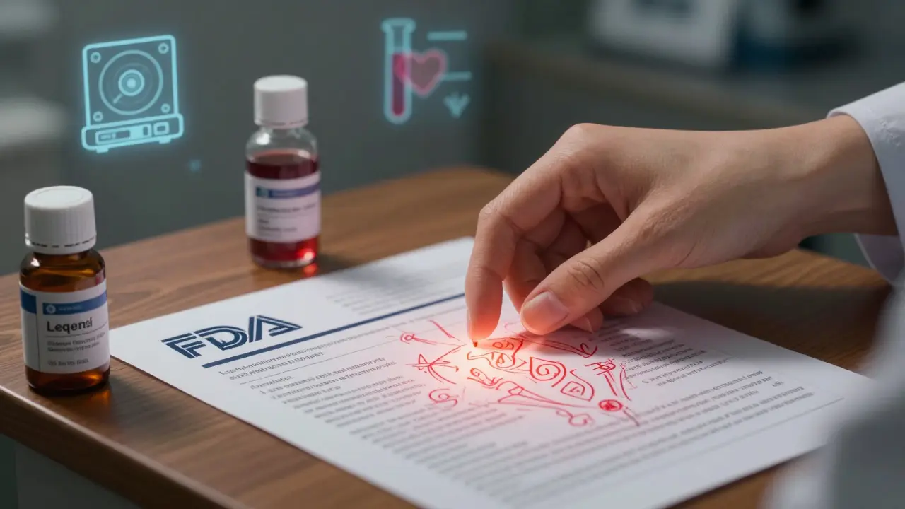 Käsi asettaa tulostetun lääkevaroituksen pöydälle viereen lääkkeen pullo.