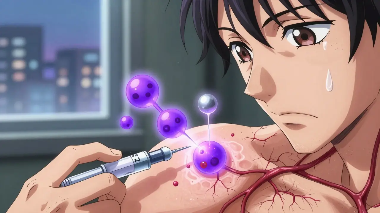 Käsi injektoidessa biologista lääkettä, jossa ilmenee IL-23-inhibiittorimolekyylejä hoitamassa ihon tulehdusta.