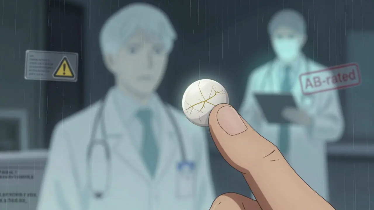 Käsi pitää levothyroxini-tablettia, joka on rakoillut, ja taustalla näkyy varoitusmerkkejä ja lääkärin varoituksen siluetti.