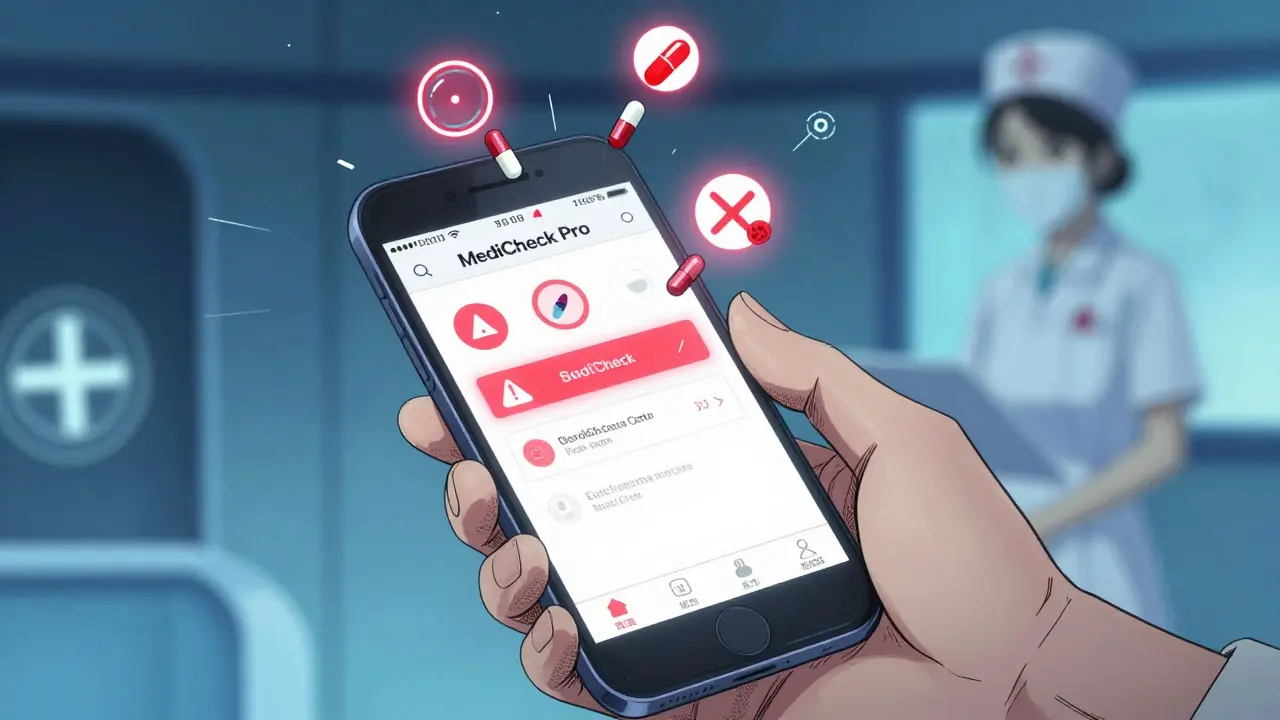 Käsi pitää puhelinta, jossa näkyy lääkevuorovaikutusten varoitusmerkit, taustalla lääketieteellisiä symboleja.