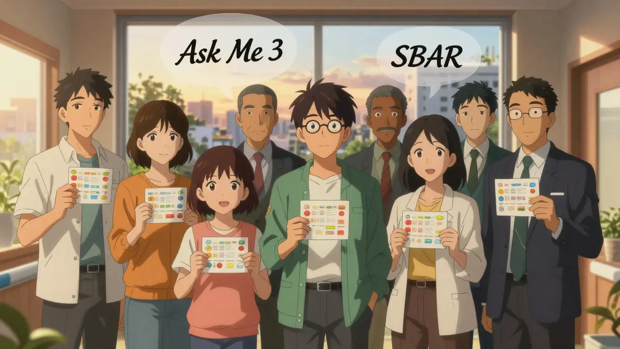 Kolme ihmistä seisovat yhdessä sairaalan käytävällä, jokaisella on värikäs lääkelista, taustalla ikkunasta näkyy kaupunki.