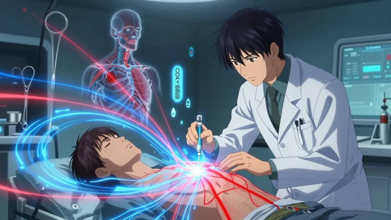 Lääkäri antaa aspiriinia desensibilisointiprosessissa, energiaviivat kuvastavat tulehduspolkuja.