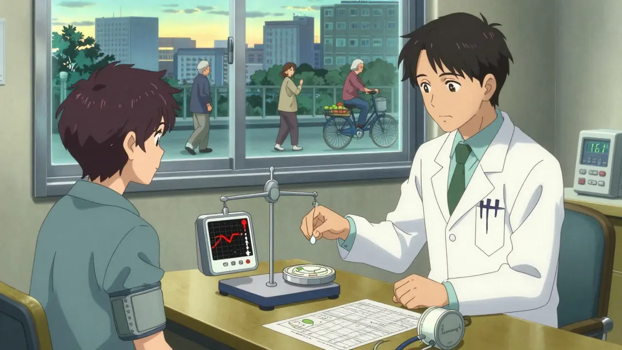 Lääkäri ja potilas keskustelevat aspiirin käytöstä, taustalla terveellisen elämäntavan kuvia.