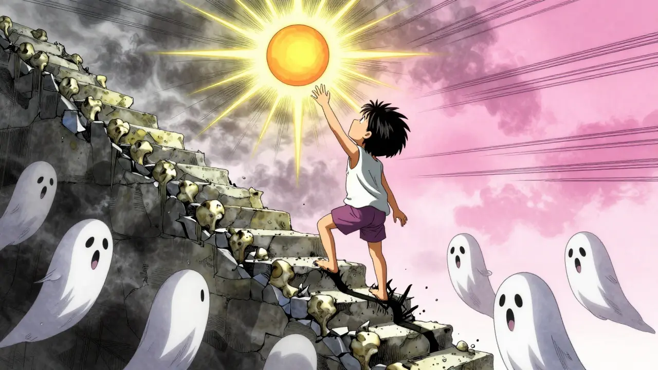 Lasten luun kasvun estymistä kuvaava kuvio: lapsi pyrkii kohoamaan valon suuntaan, kun mustat varjot vetävät alaspäin.