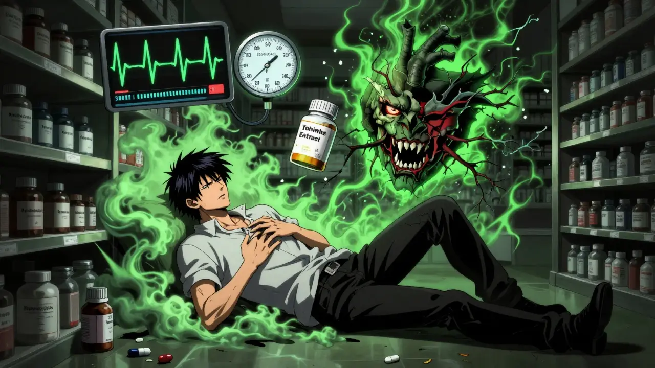 Mies kaatuu apteekissa, hänen hahmossaan kohoaa vaarallinen yohimbe-demoni.