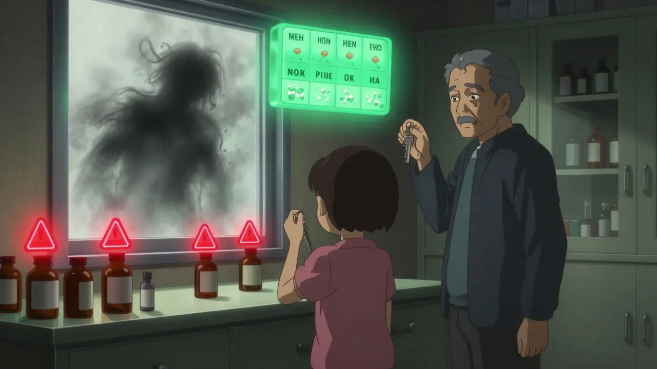 Perheenjäsen ja eläkeläinen sulkevat lääkkeet lukitulle hyllylle, kun hämärä hämärä kuvaa sekaannusta katoamassa.