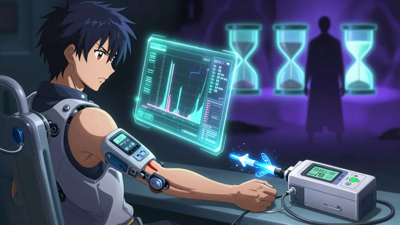 Person with CGM device projecting glucose graph as hologram, automated insulin pump nearby.