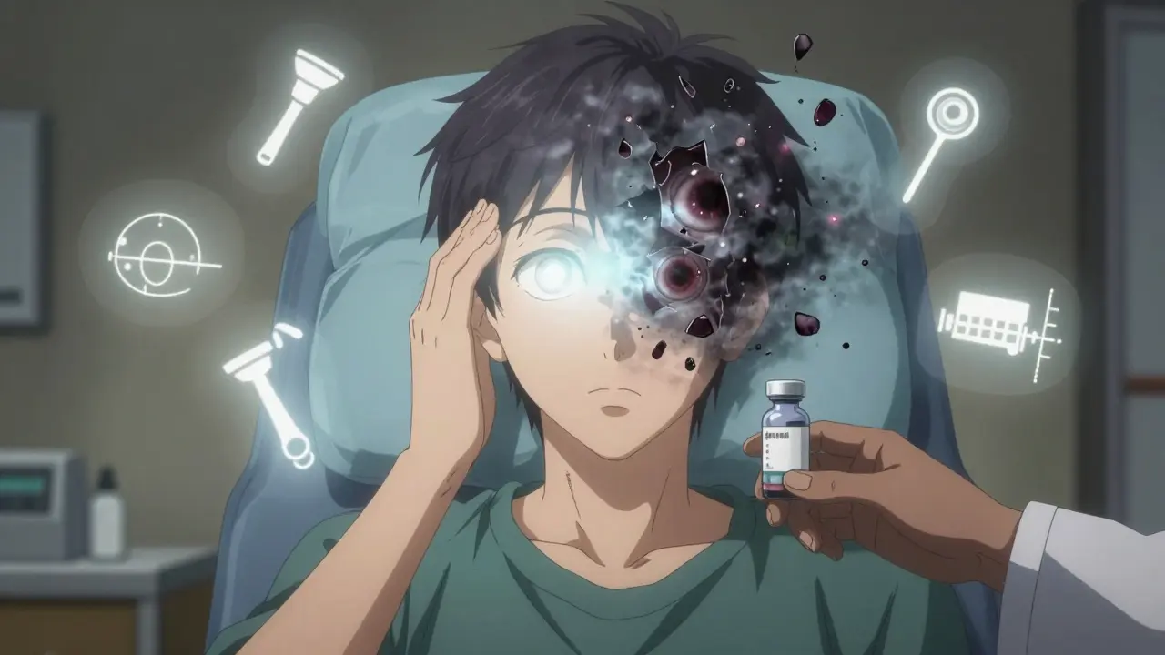 Potilas näkee silmänsä kahdessa versiossa: terveenä ja vaurioituneena, anime-tyylissä.