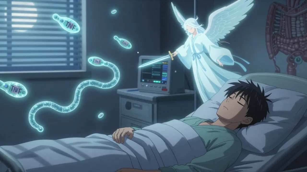 Potilas nukkuu, kun biologinen hoito neutraloi tulehduksen hengen.