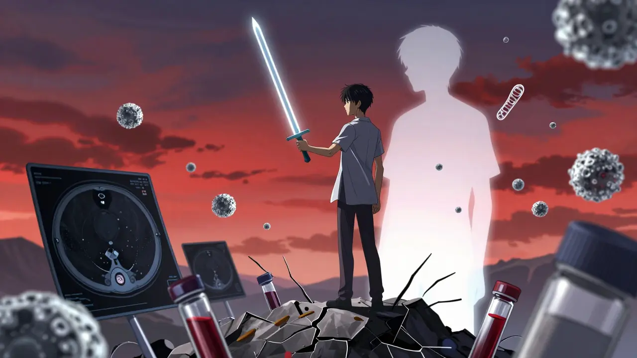 Potilas pitää kiinni ctDNA-säikeestä, kun nanopartikkelit kuljettavat hoitoa syöpäsolutta vastaan.