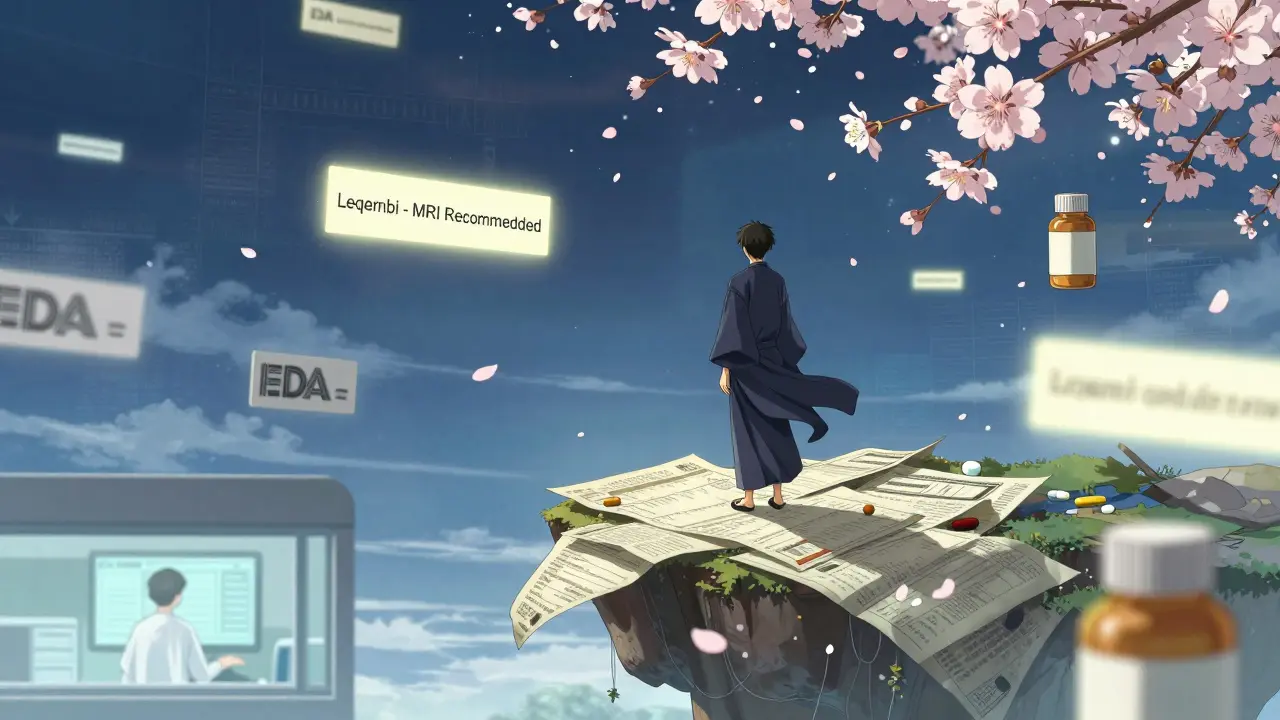 Potilas seisoo lääkkeitä ja varoituksia sisältävällä saarella, taustalla pilvessä liikkuva varoitus.