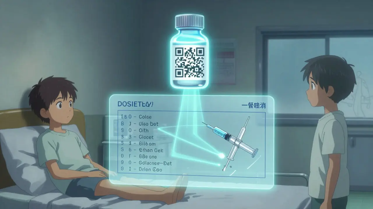 QR-koodi projisoi videon oikeasta lääkkeen antamisesta.