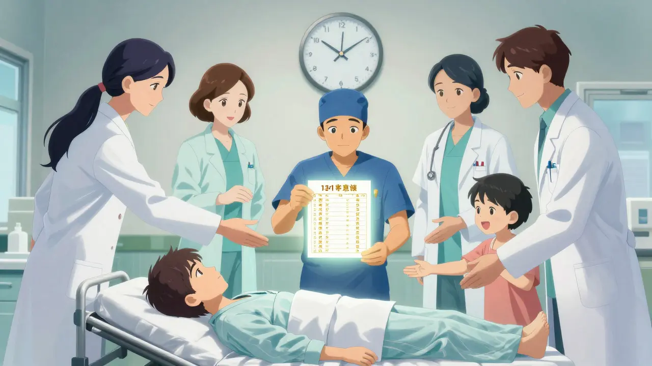 Sairaalassa paramedikko näyttää lääkeluetteloa, jota kiertävät lääkärit ja perheenjäsenet, joilla on valaistut vyöt.