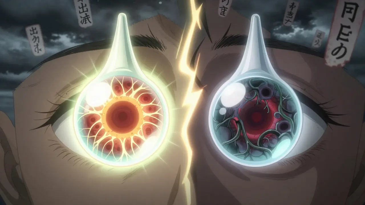 Steroidipisarat aiheuttavat kaksi vastakkaista vaikutusta silmään, anime-tyylissä.