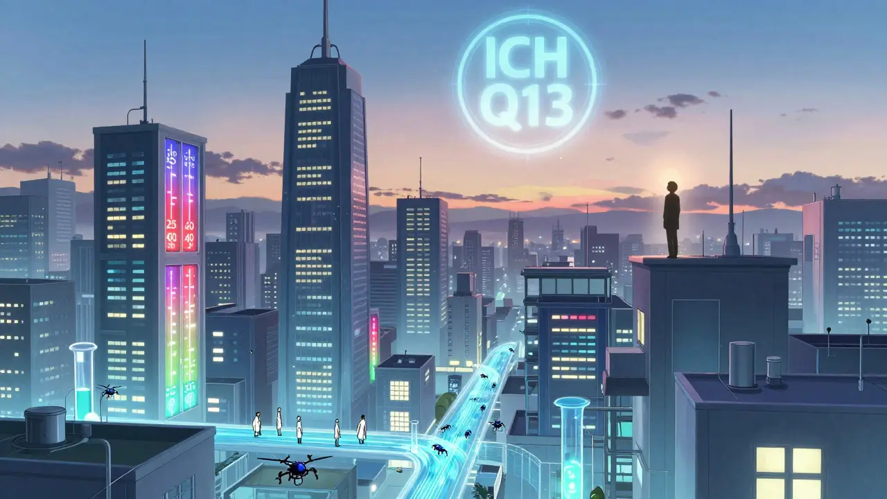 Tite Kubo -tyylissä lääketeollisuuden kaupunki, jossa stabiliteettikameroita on tornina ja potilas katselee ylös.