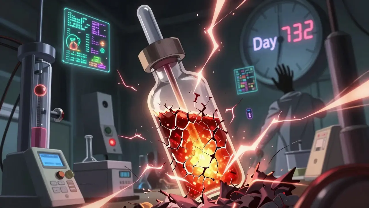 Tite Kubo -tyylissä rikkoutuva lääkeviali, josta vuotaa epävakaita aineita, ympäröityä analyysilaitteilla.