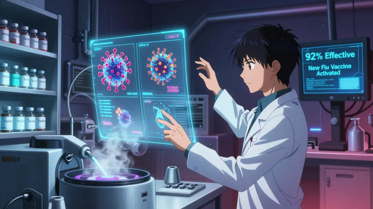 Tulevaisuuden laboratorio, jossa tiedemies käyttää hologrammeja vertaillakseen influenssa- ja COVID-19-viruksia.