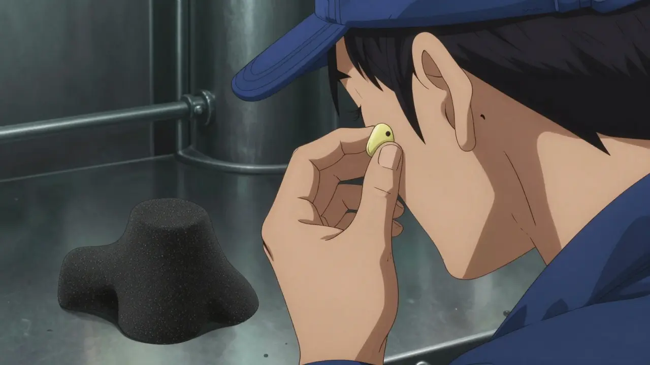 Työntekijä asentaa custom-fit -korvat, kun halpat korvat jätetään maahan, korostaa oikean suojauksen tärkeyttä.