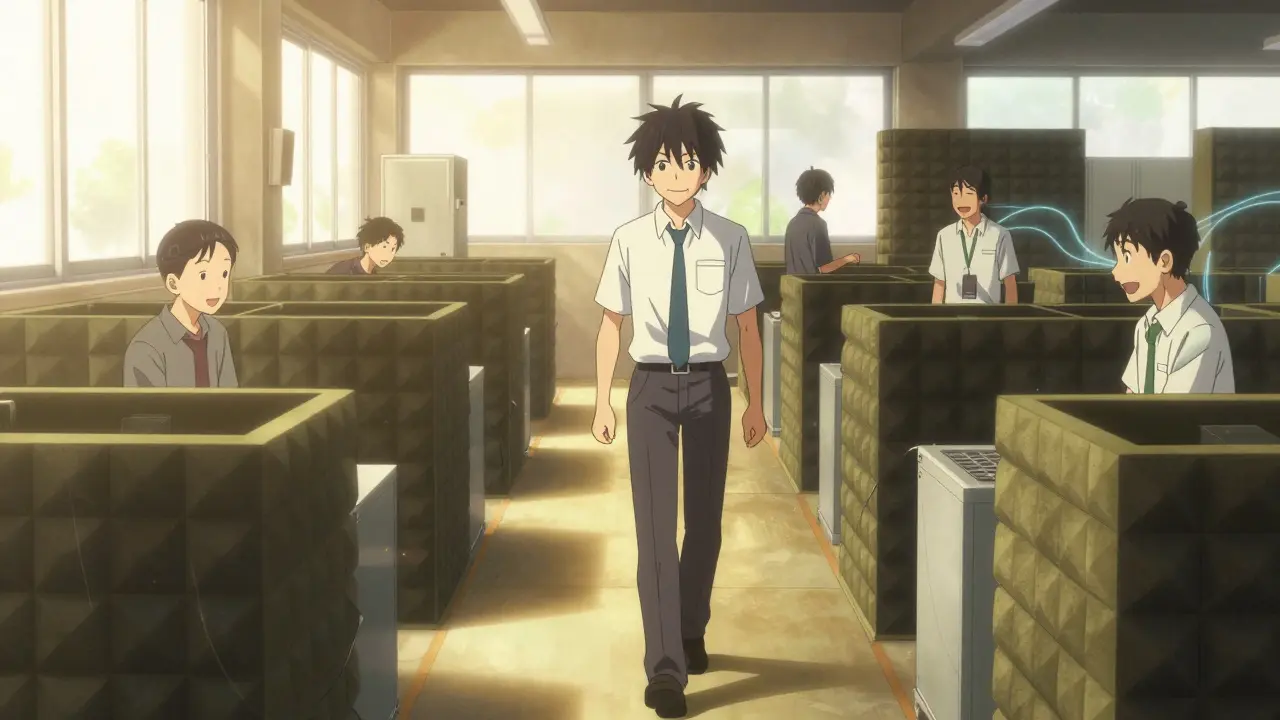 Työntekijät työskentelevät hiljaisessa tehtaassa akustisten koteloiden kanssa, ilman korvatukkia, merkkinä tehokkaasta ennaltaehkäisystä.