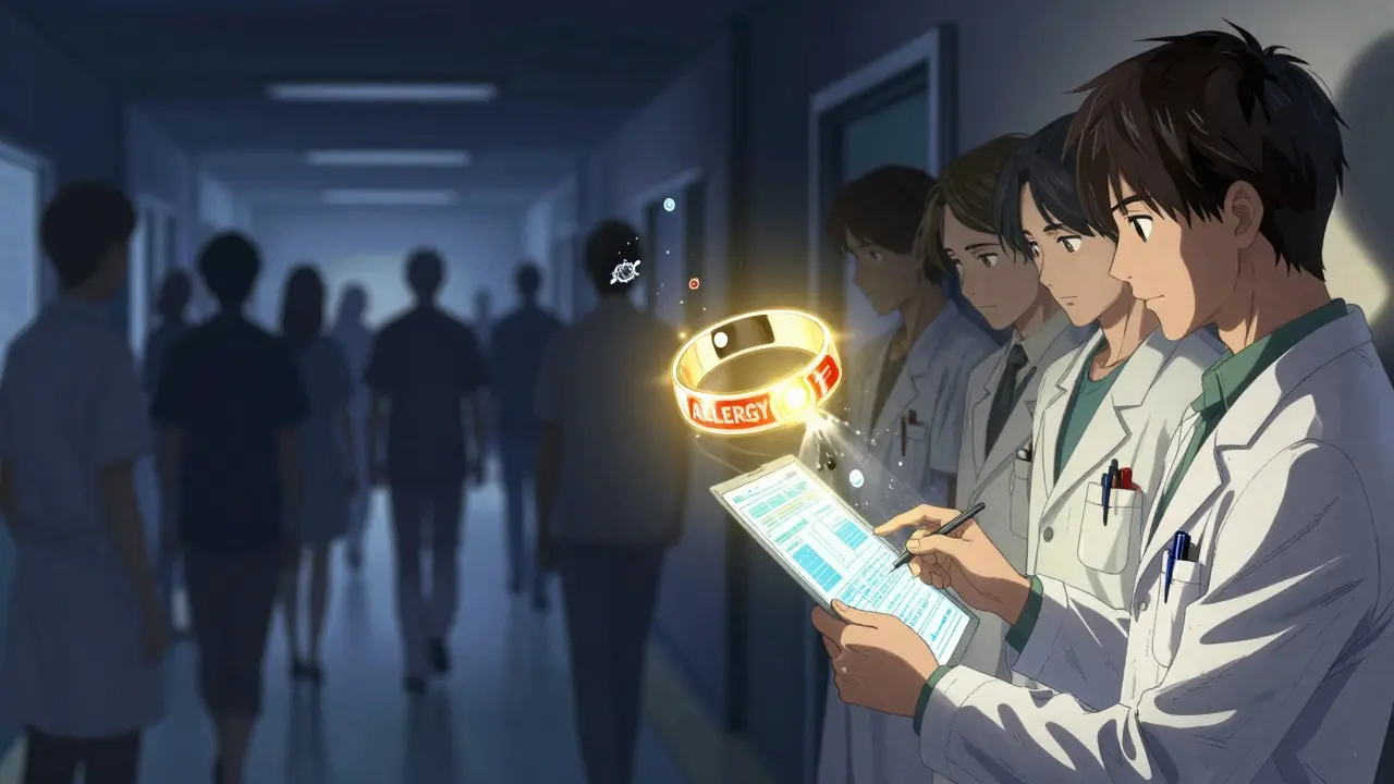 Valoisa lääketieteellinen varoitusnauha hälventää penicilliini-allergian merkinnän sairaalassa.