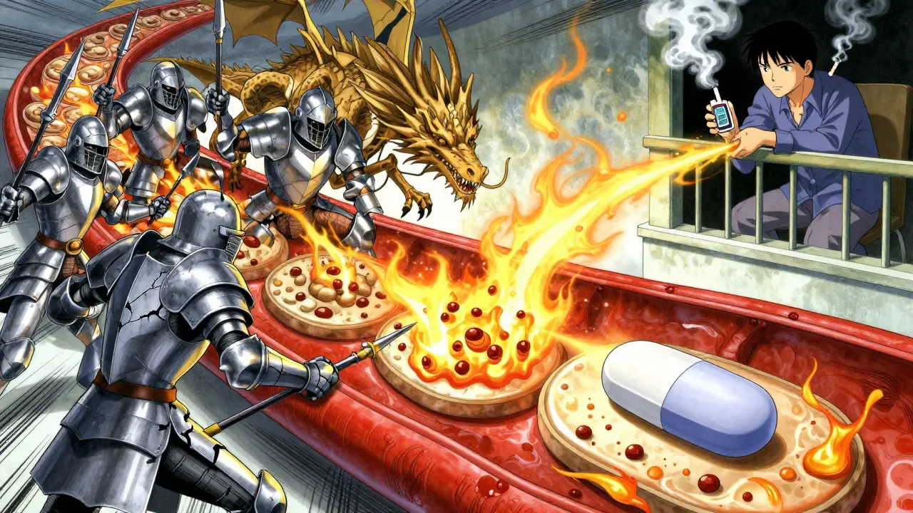 Verenastian sisällä taistelu aspiriinia vastaan ateroskleroosia vastaan, statini-lohikäärmeillä.