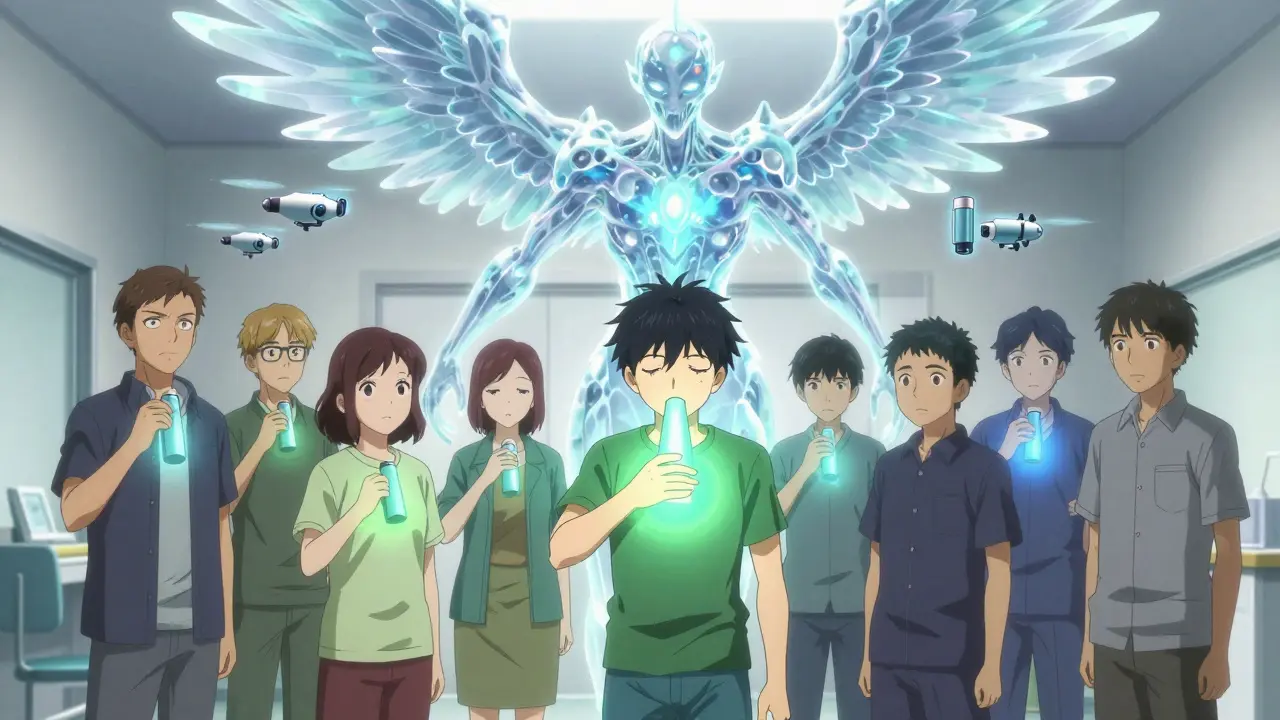 Erilaiset astman tyypit esitetään auroina, biologinen hoito valaisee potilaan rintakehää.