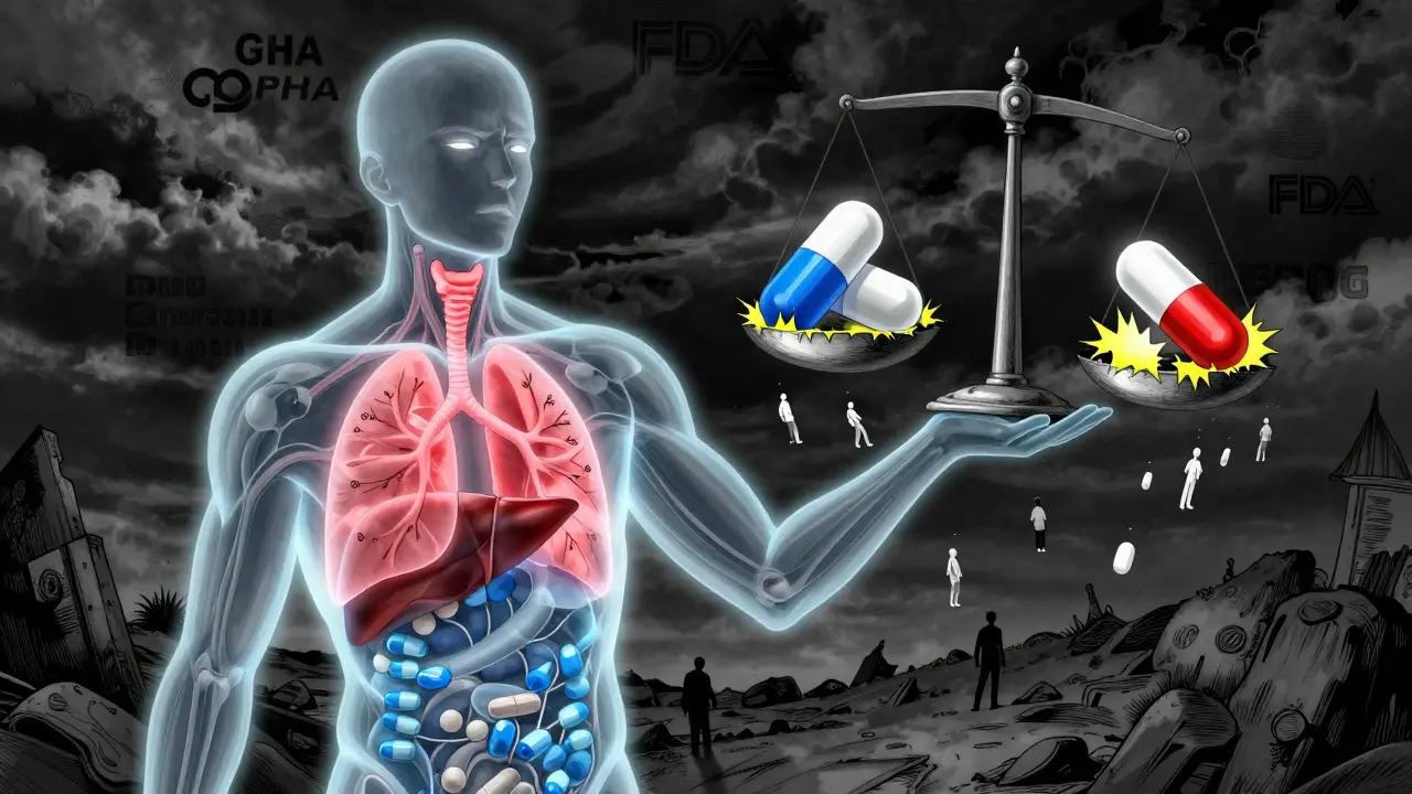 Ihmisruumis, jossa brändi- ja yleinen lääke aiheuttavat erilaisia energiavasteita, ja vaaralliset reaktiot heijastuvat ulos.