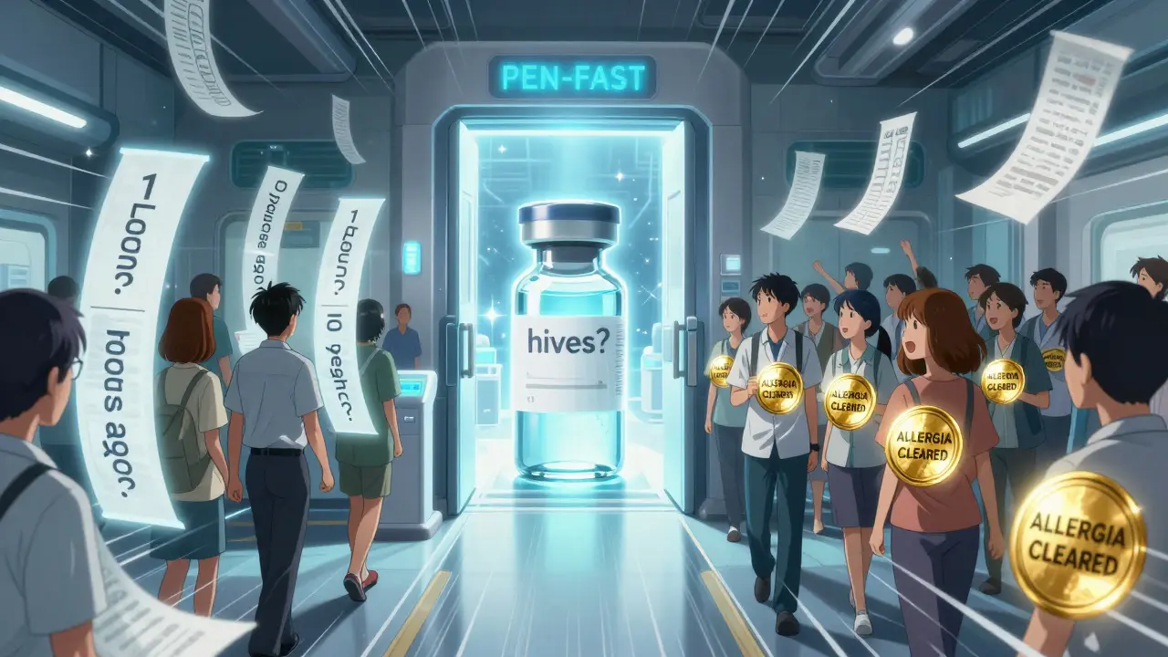 PEN-FAST-testauskoe, jossa potilas läpäisee viisi kysymystä valaistulla portilla.