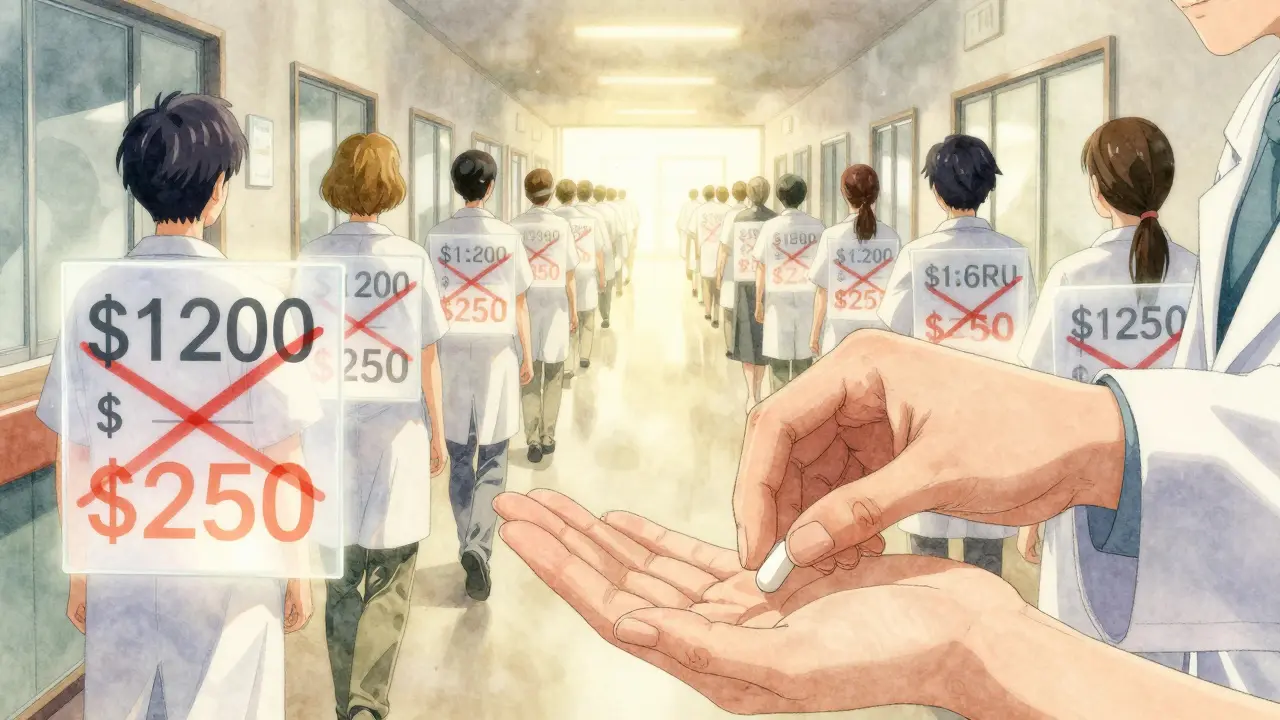 Pharmakon käsi antaa potilaalle lääkkeen, jossa hinnanlasku näkyy valaistuna holografisina numeroina.