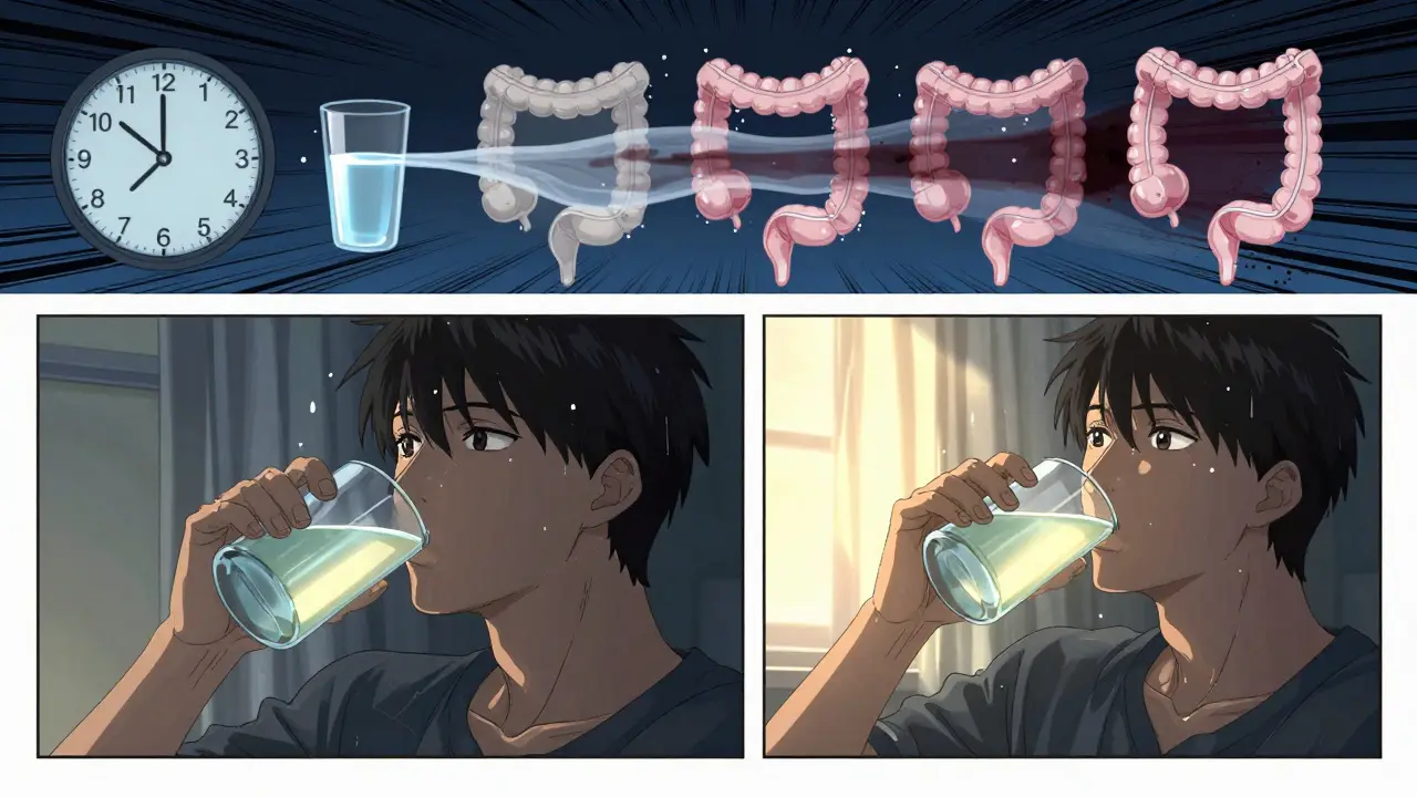 Potilas juo puhdistuslääkkeen kahdessa osassa, yöllä ja aamulla, ajan ja valon muutoksella.