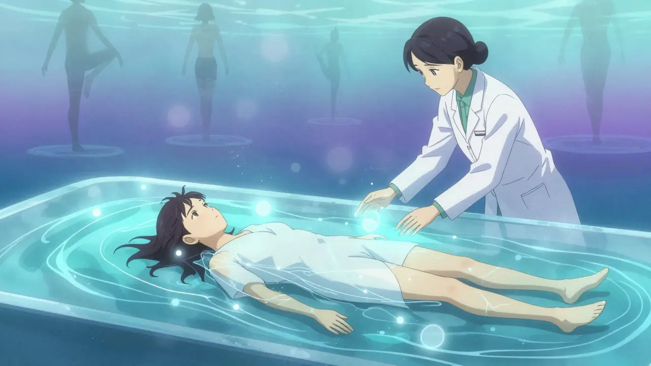 Vesikuntoutusessio, jossa potilas liikkuu veden sisällä rauhallisesti, valaistuna pehmeällä valolla.