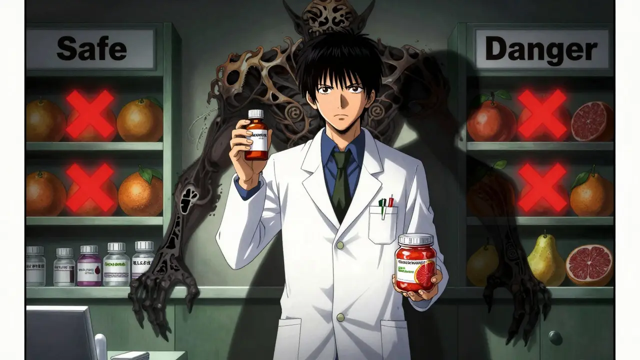 Apothekari katselee graapufruutin marmeladia ja felodipiniä, jonka varjo muodostaa vaarallisen olennon.