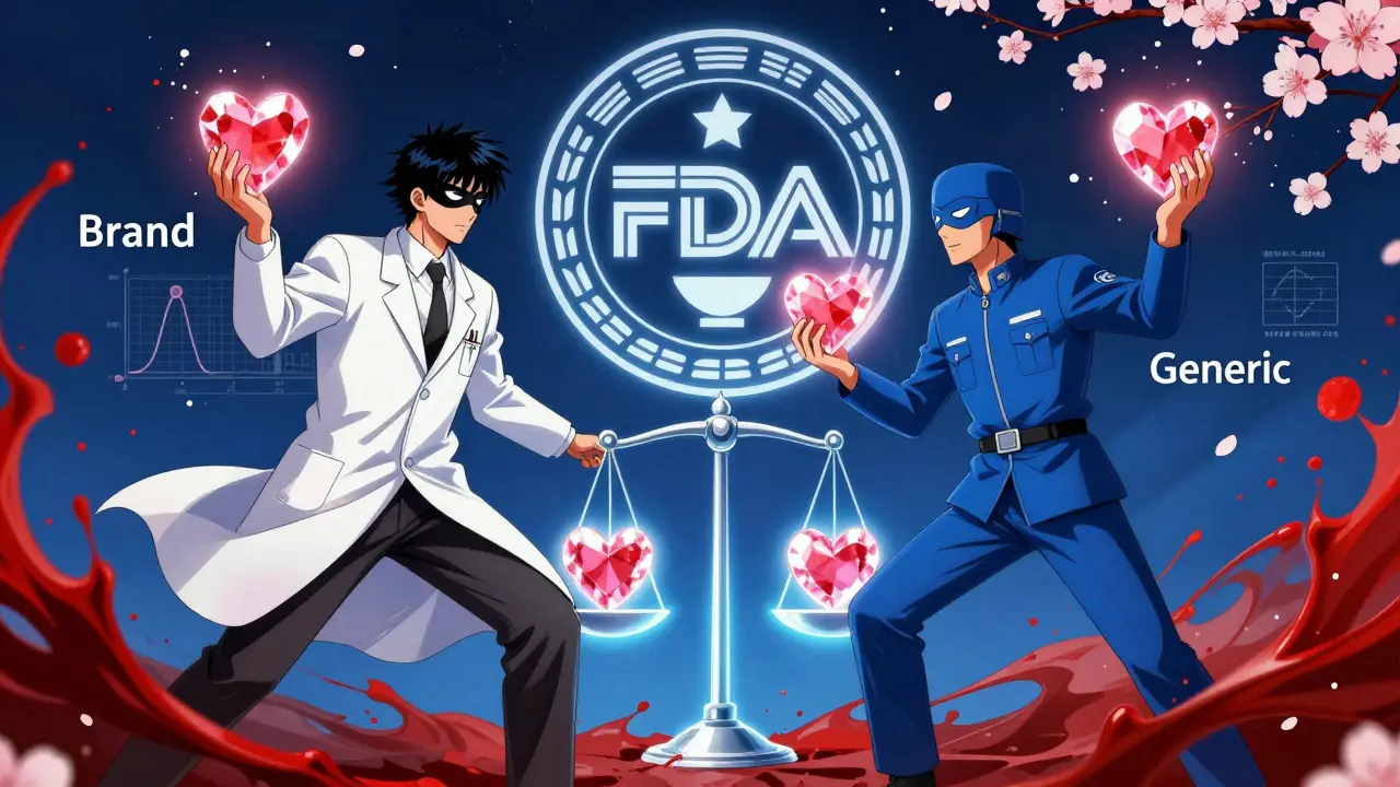 Kaksi hahmoa tasapainottavassa oikeuden tasapainossa, molemmat pitävät identtisiä sydänkristalleja, FDA-tunnus ylhäällä.