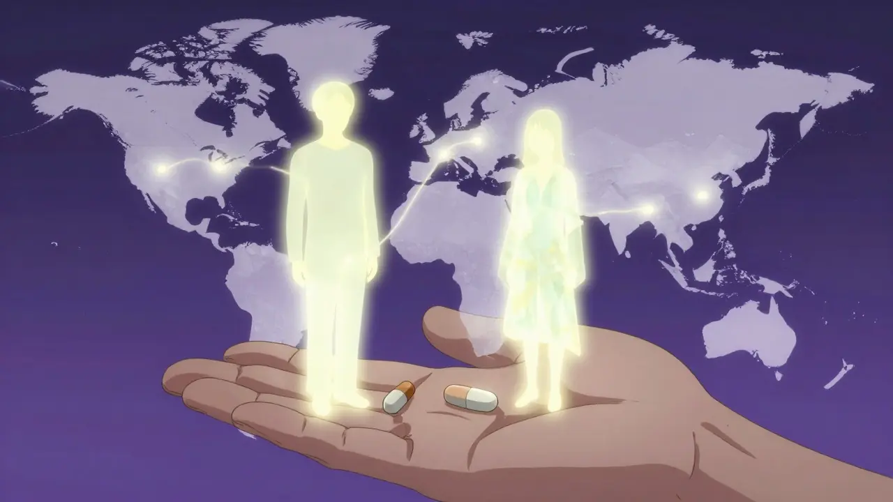 Kaksi saman näköistä tablettia, joista nousee erilaisia hengenmuotoja, taustalla maailmankartta.