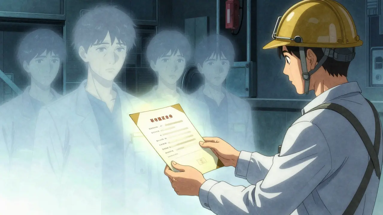 Lääkäri antaa työntekijälle kirjallisen todistuksen, symboloiden ymmärrystä ja turvallisuutta.