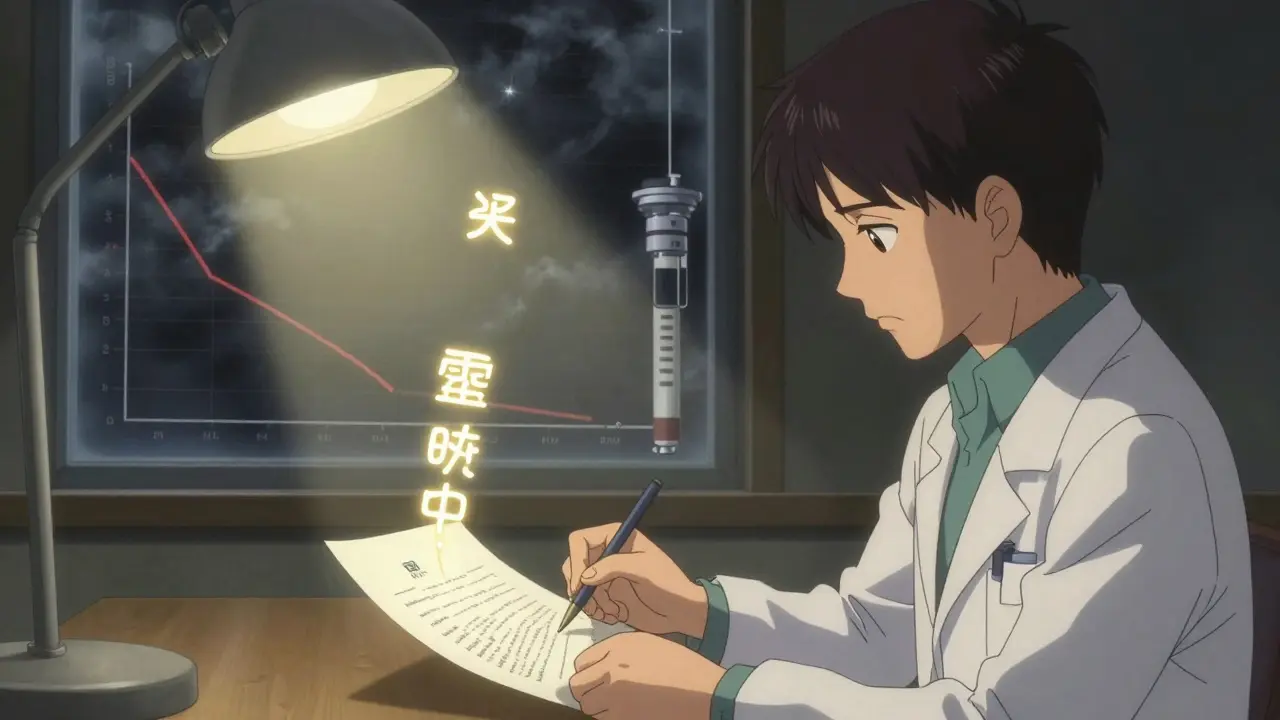 Lääkäri kirjoittaa lääkinnällistä kirjettä, jossa näkyy verensokerin vaihtelut ja Humalog-insuliinin vaikutus.