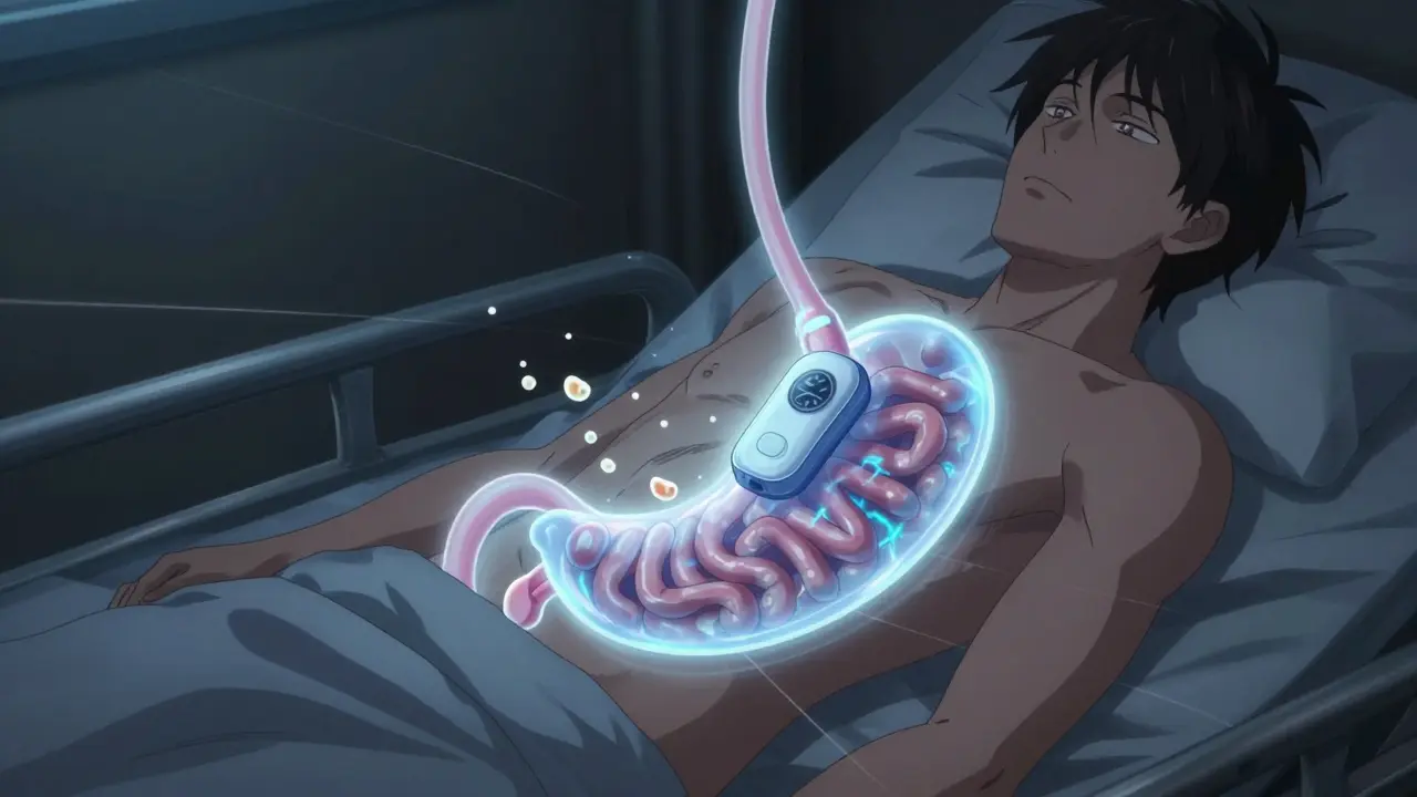 Mahaan asennettu sähköstimulaattori lähettää impulssia, joka auttaa ruoan liikkuessa suolistoon.